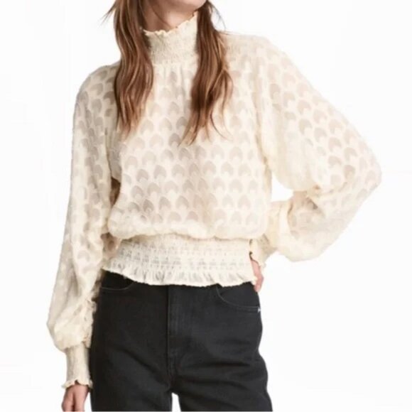 H&M Cream Sheer Turtleneck Ruffled Sheer Long Sleeve Boho Chic Blouse sz… - Picture 1 of 8